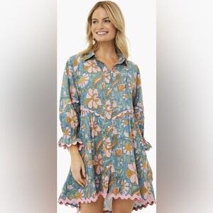 Juliet Dunn Denim Blue Floral Block PrintRaglan Shirt Dress